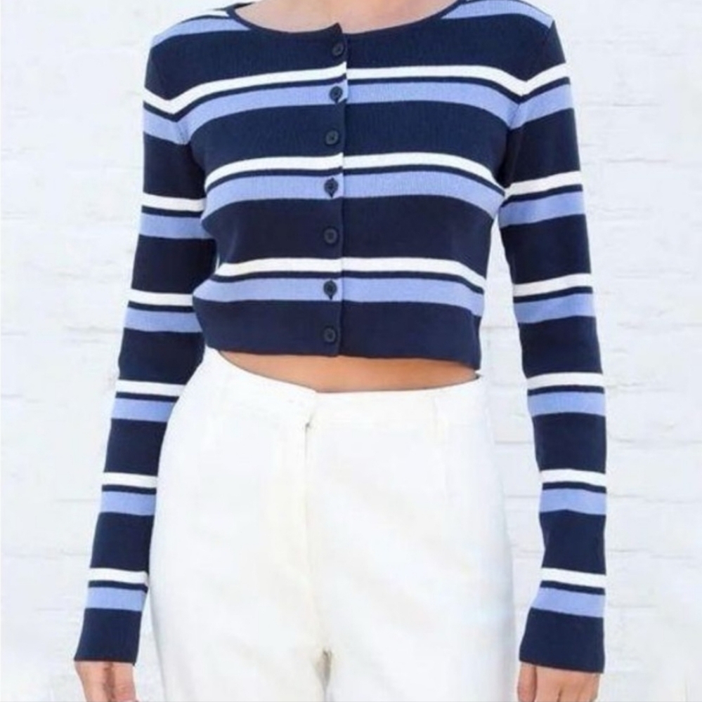 💙Brandy Melville x John Galt Athelia Blue Striped Cardigan Cropped Sweater